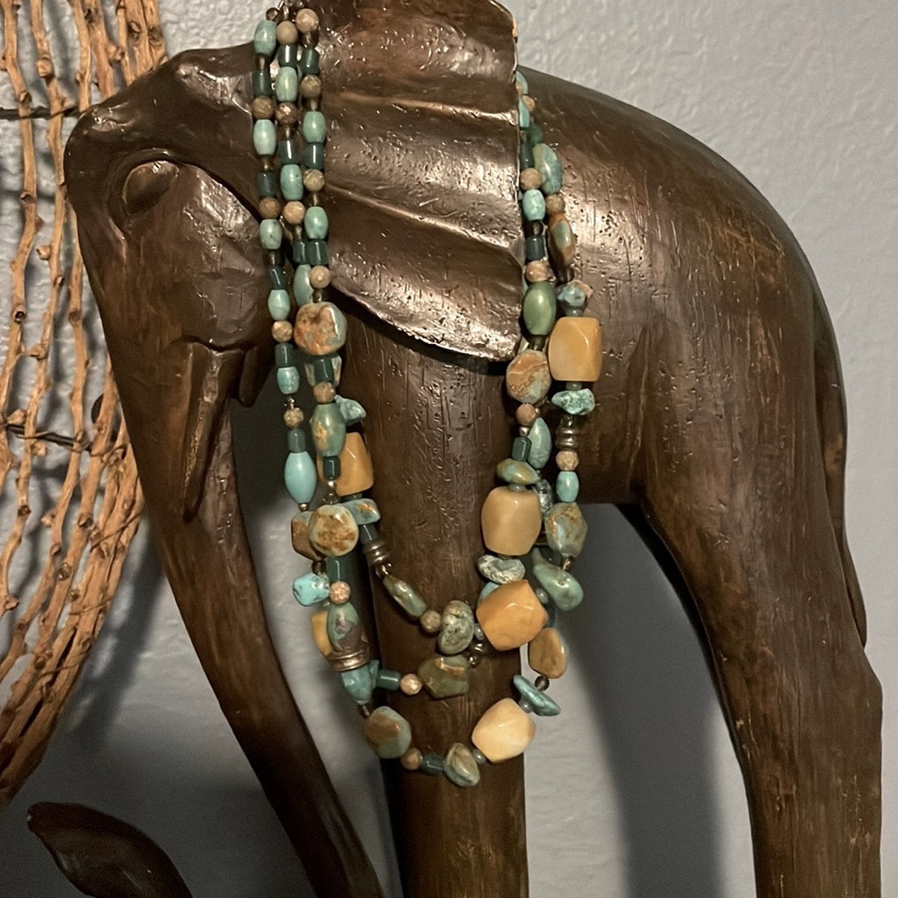 Barse Necklace - 3-Layer Turquoise and Mustard Yellow Beaded